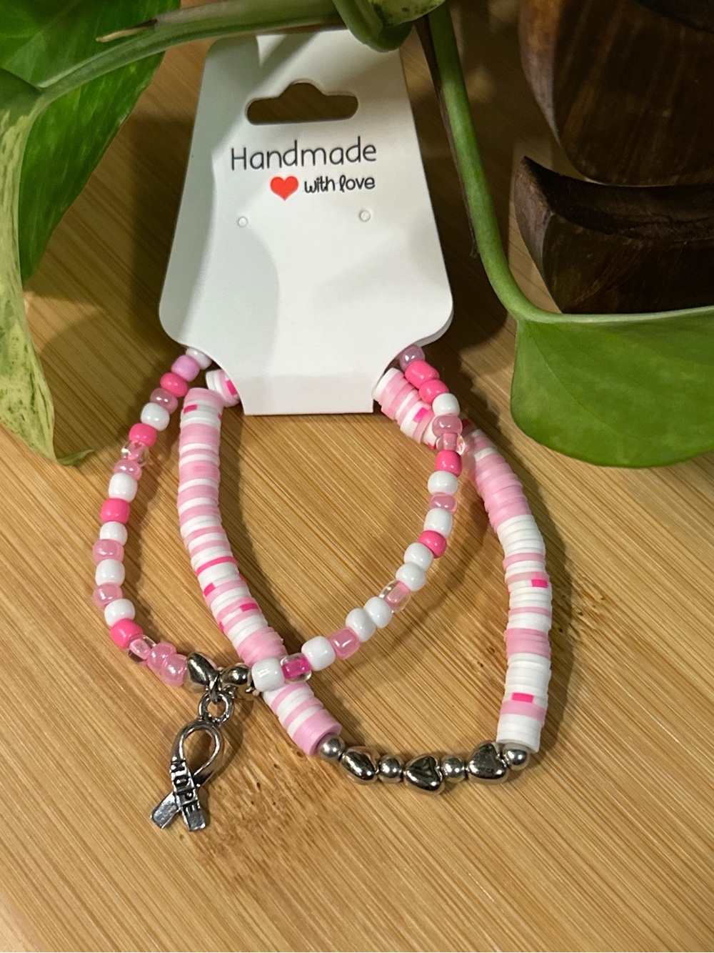 🎀Breast Cancer Awareness 2-PC Stretchy‎ Bracelet Set | Handmade |Dangle Charm🎀